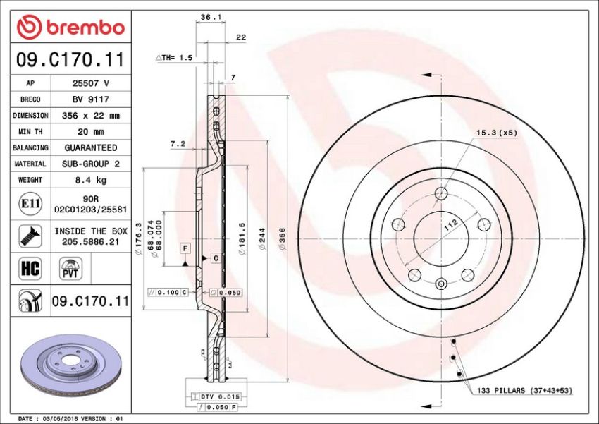 Brembo KT00A22 Brembo ceramic brake pad and UV coated PVT  brake disc kit