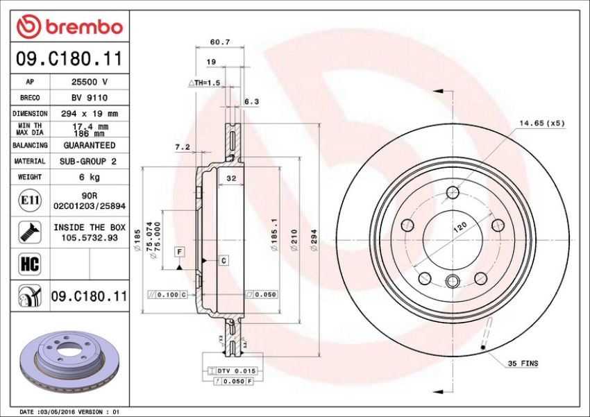 Brembo 09.C180.11 Premium Coated Vented Brake Rotor