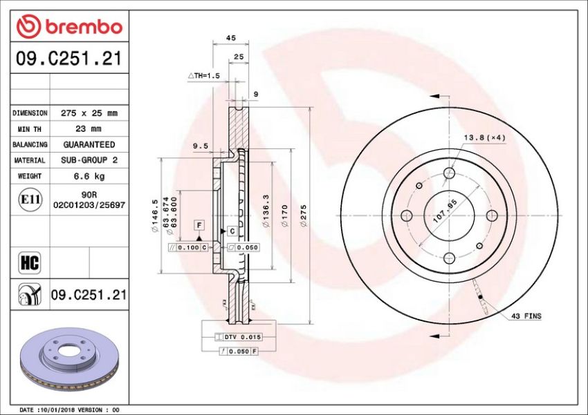 Brembo 09.C251.21 Premium Coated Vented Brake Rotor
