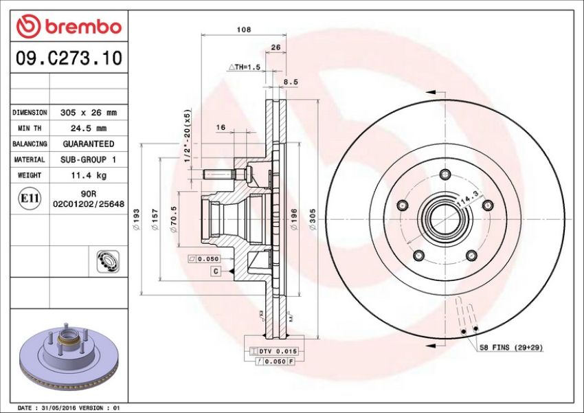Brembo 09.C273.10 Premium Vented Brake Rotor