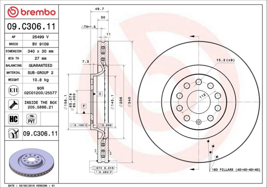 Brembo 09.C306.11 Premium Coated Vented Brake Rotor