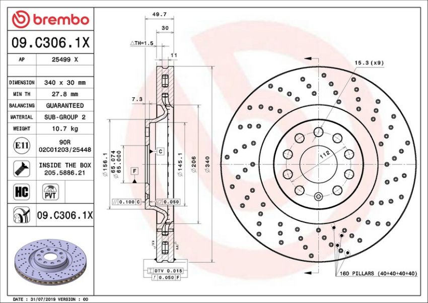 Brembo KTX0139 Brembo ceramic brake pad and Xtra PVT drilled brake disc kit