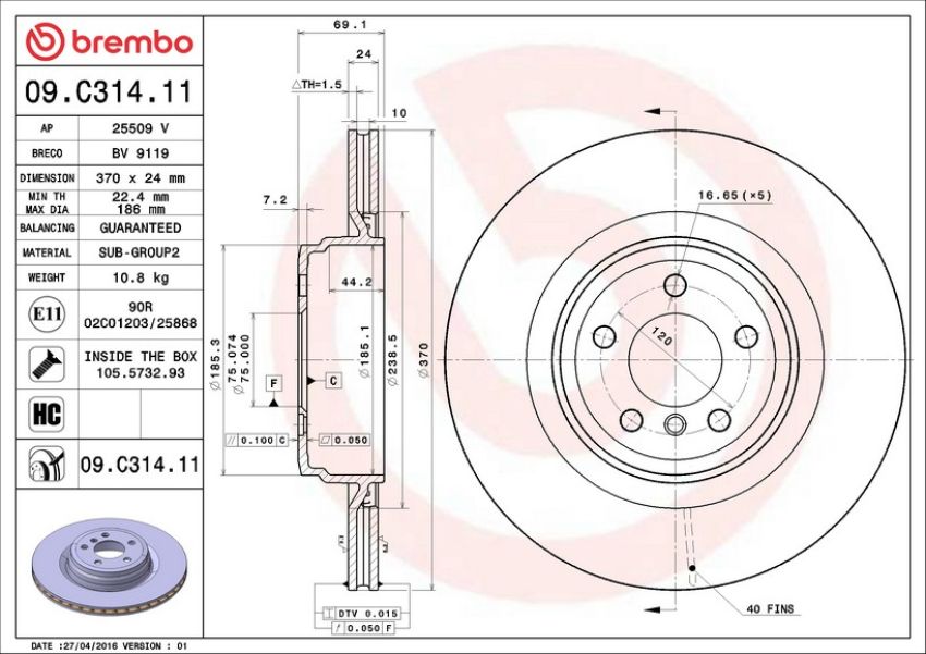 Brembo 09.C314.11 Premium Coated Vented Brake Rotor