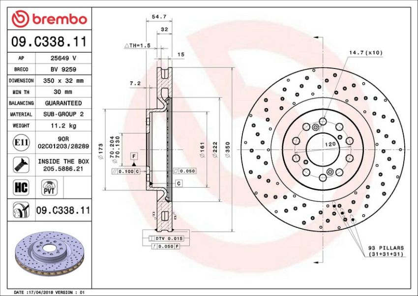 Brembo 09.C338.11 Premium Coated Vented Brake Rotor