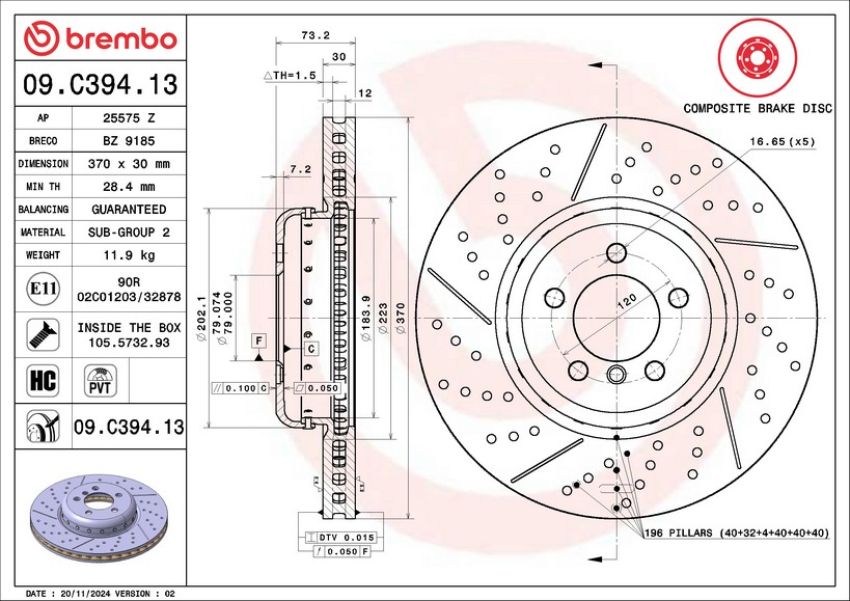 Brembo KT00B73 Brembo ceramic brake pad and composite PVT drilled and slotted brake disc kit