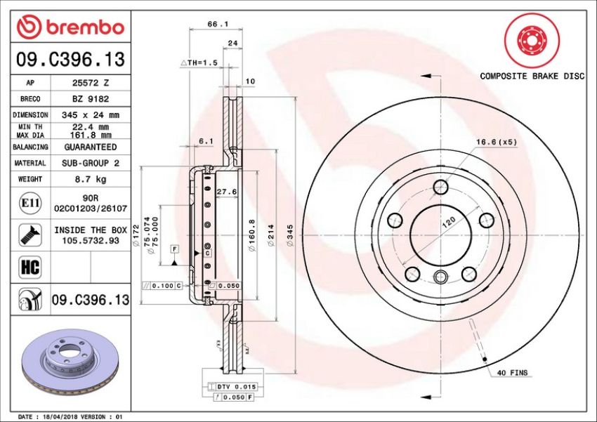 Brembo 09.C396.13 Premium Vented Composite Brake Rotor