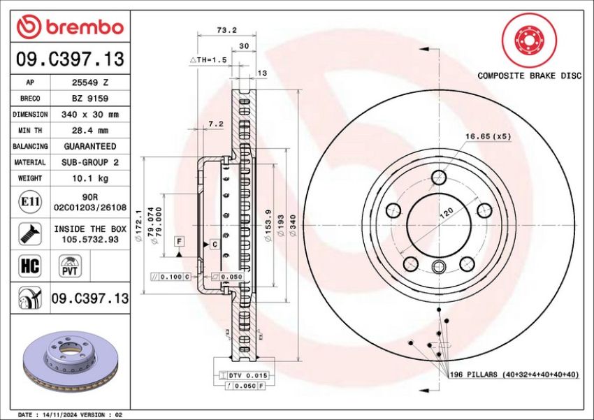 Brembo 09.C397.13 Premium Vented Composite Brake Rotor