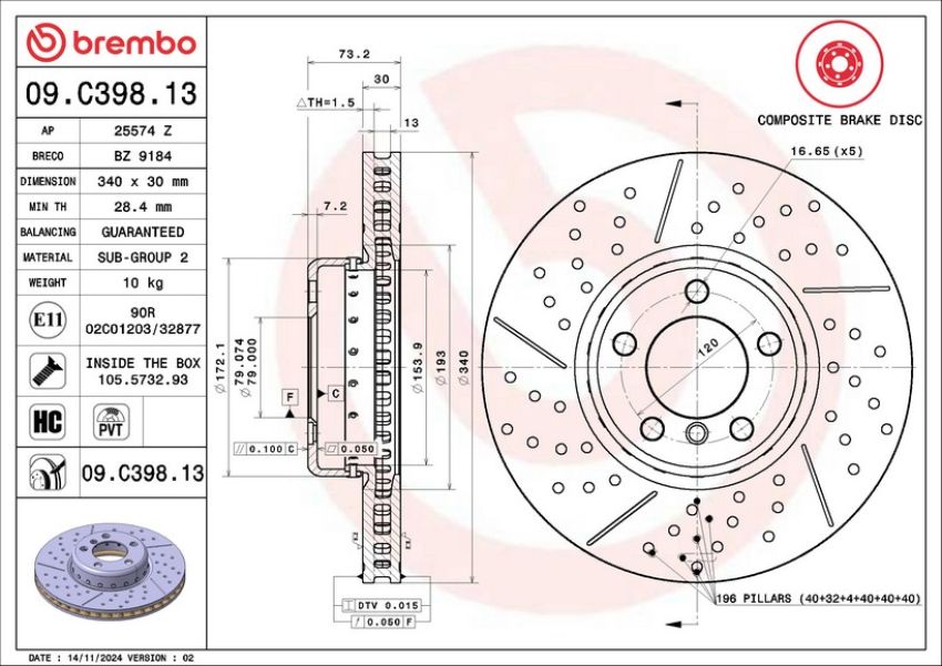 Brembo 09.C398.13 Premium Vented Composite Brake Rotor