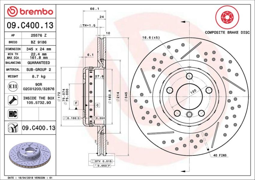 Brembo 09.C400.13 Premium Vented Composite Brake Rotor