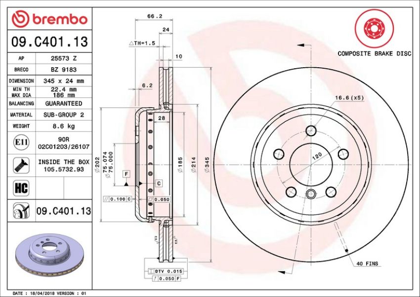 Brembo 09.C401.13 Premium Vented Composite Brake Rotor