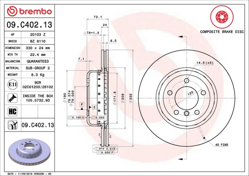 Brembo 09.C402.13 Premium Vented Composite Brake Rotor