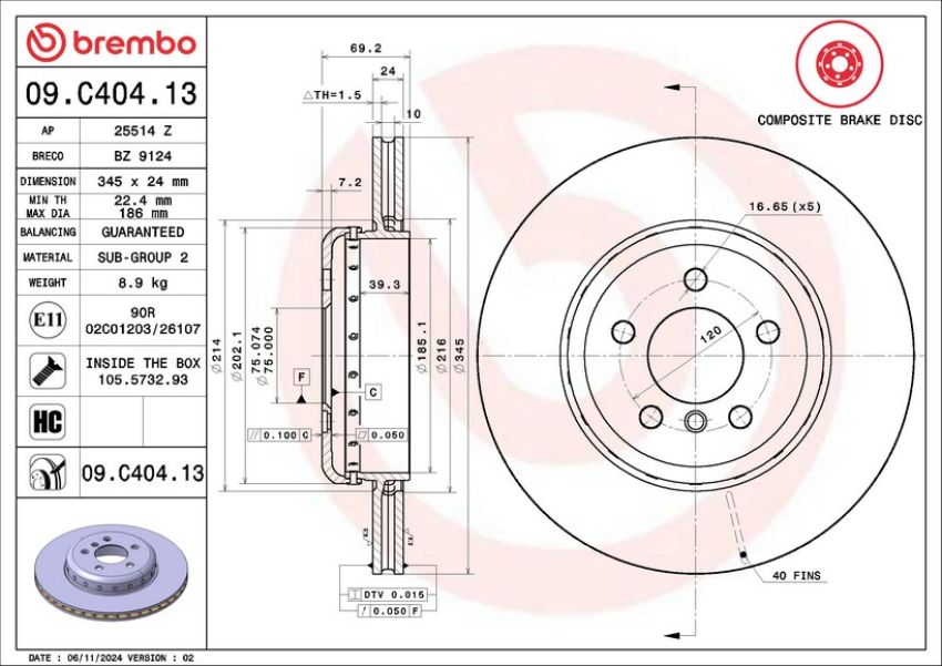 Brembo KT04428 Brembo low-met brake pad and composite vented  brake disc kit