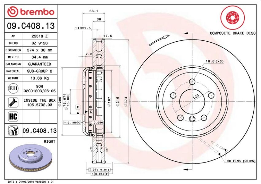Brembo 09.C408.13 Premium Vented Composite Brake Rotor