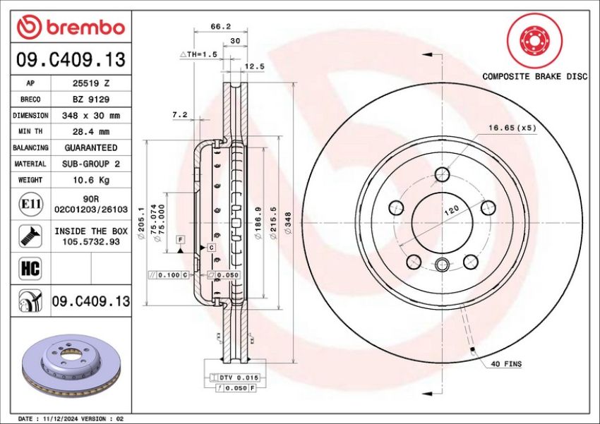 Brembo 09.C409.13 Premium Vented Composite Brake Rotor