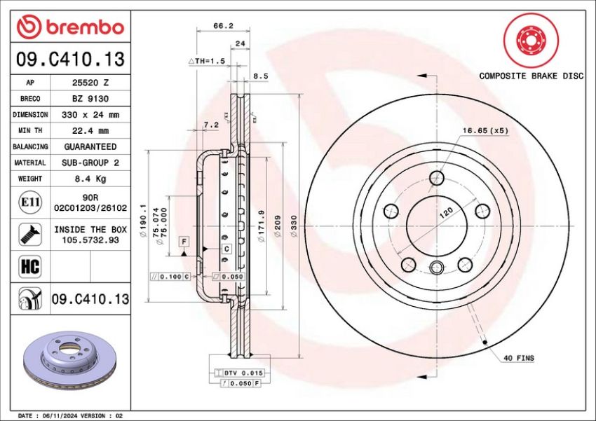 Brembo KT04493 Brembo low-met brake pad and composite vented  brake disc kit
