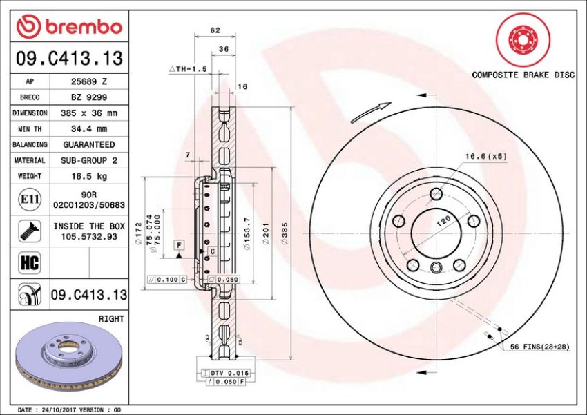 Brembo 09.C413.13 Premium Vented Composite Brake Rotor