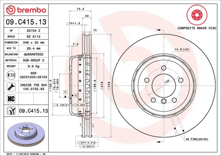 Brembo 09.C415.13 Premium Vented Composite Brake Rotor