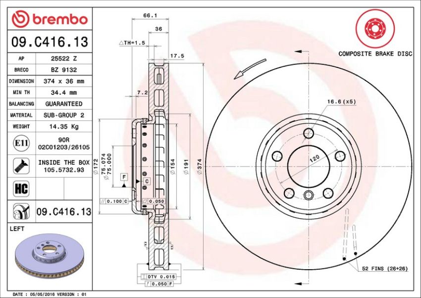 Brembo 09.C416.13 Premium Vented Composite Brake Rotor