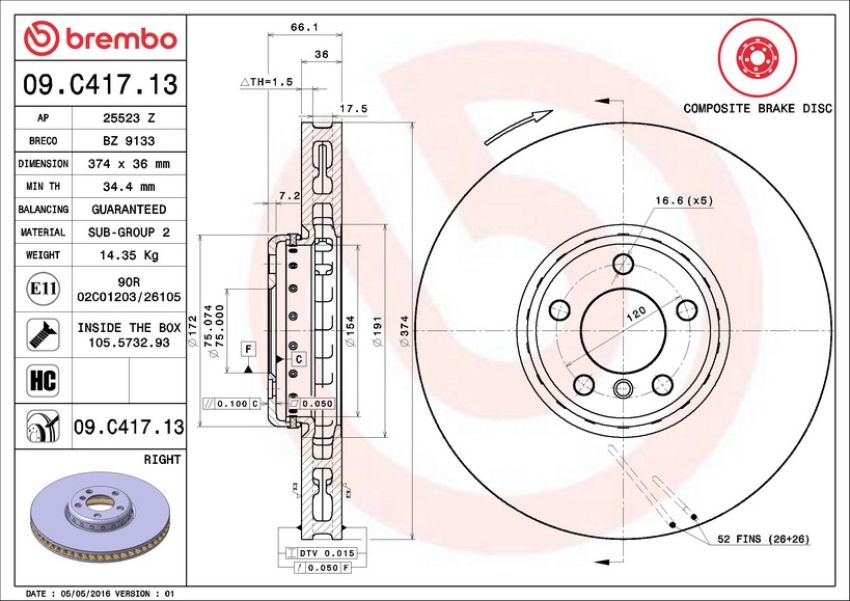 Brembo 09.C417.13 Premium Vented Composite Brake Rotor
