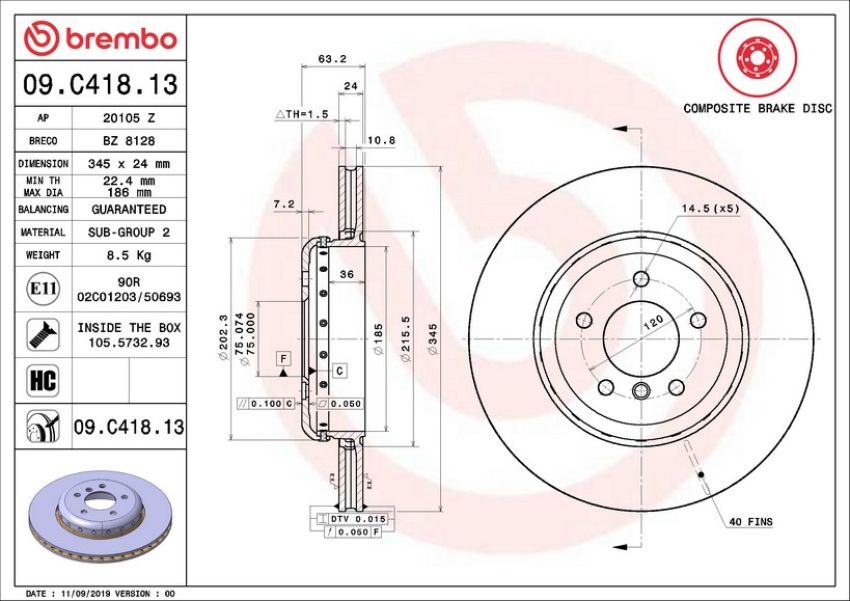 Brembo 09.C418.13 Premium Vented Composite Brake Rotor