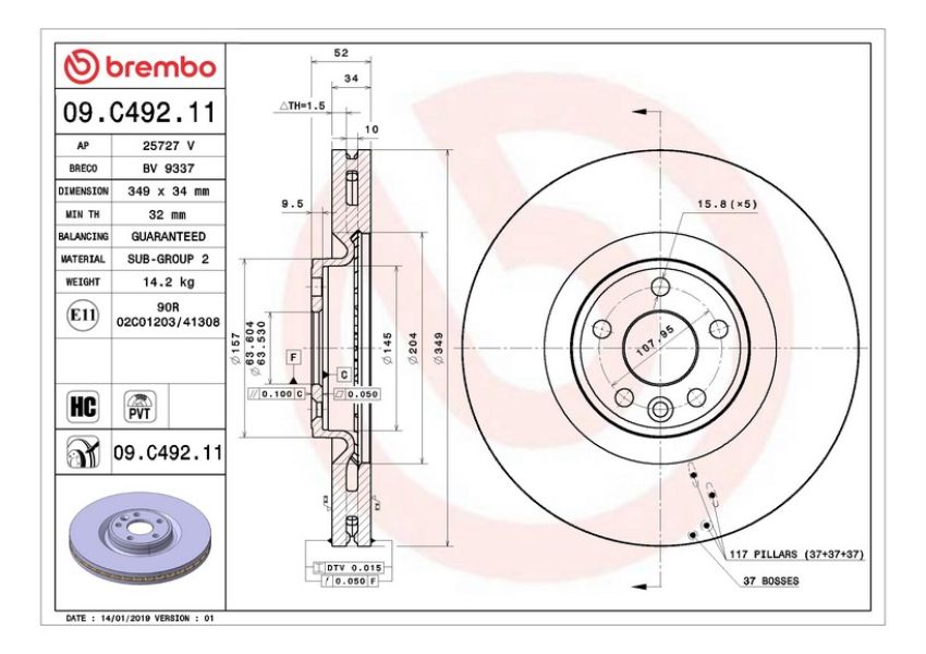 Brembo 09.C492.11 Premium Coated Vented Brake Rotor