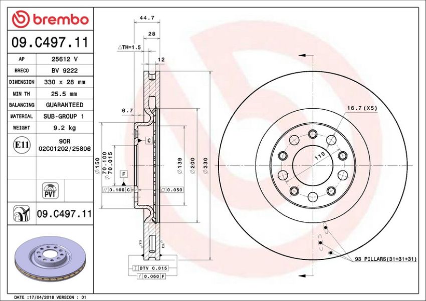 Brembo 09.C497.11 Premium Coated Vented Brake Rotor