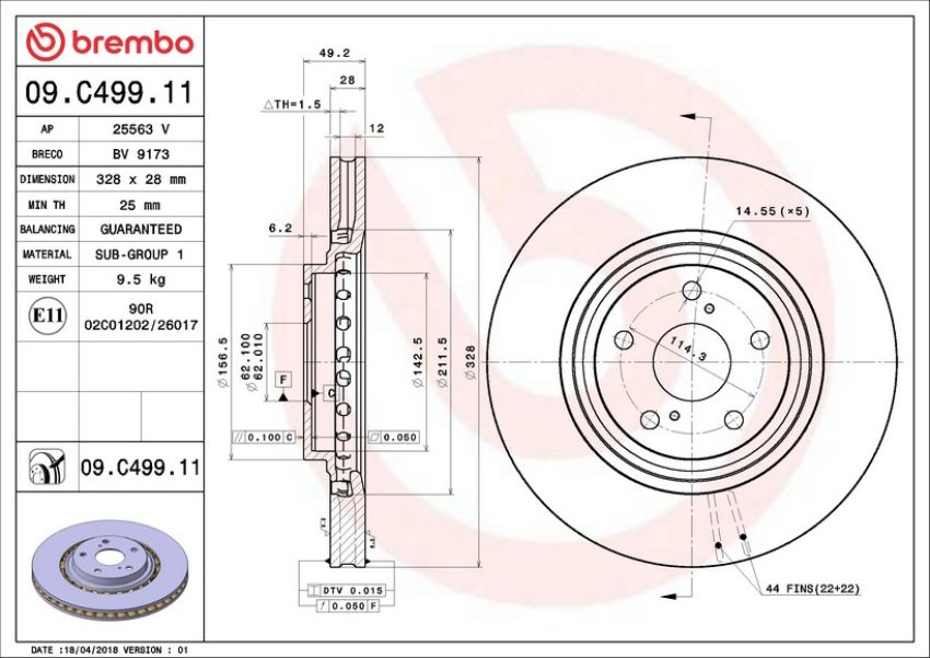 Brembo 09.C499.11 Premium Coated Vented Brake Rotor