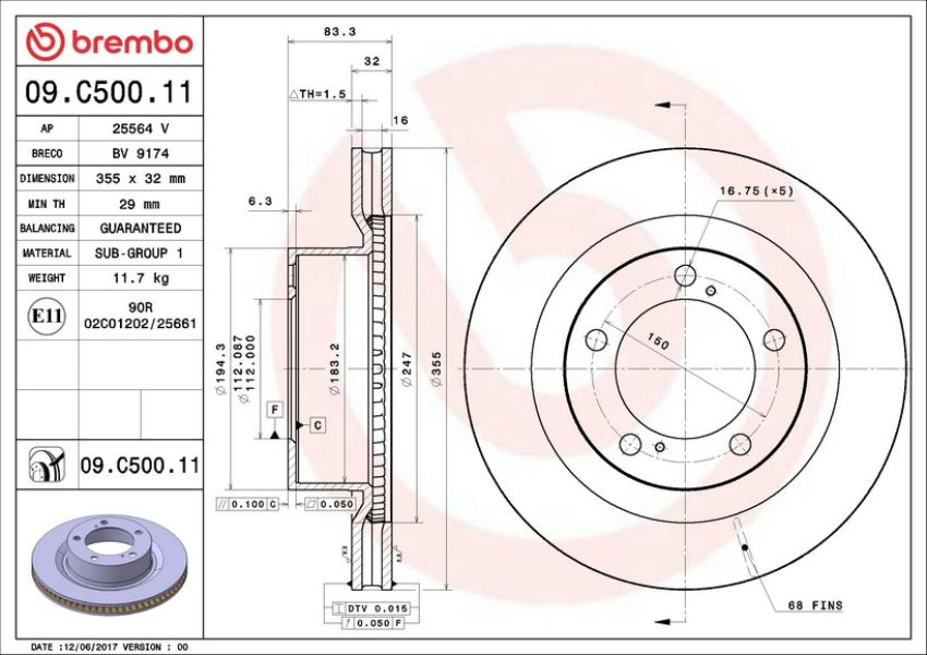 Brembo 09.C500.11 Premium Coated Vented Brake Rotor