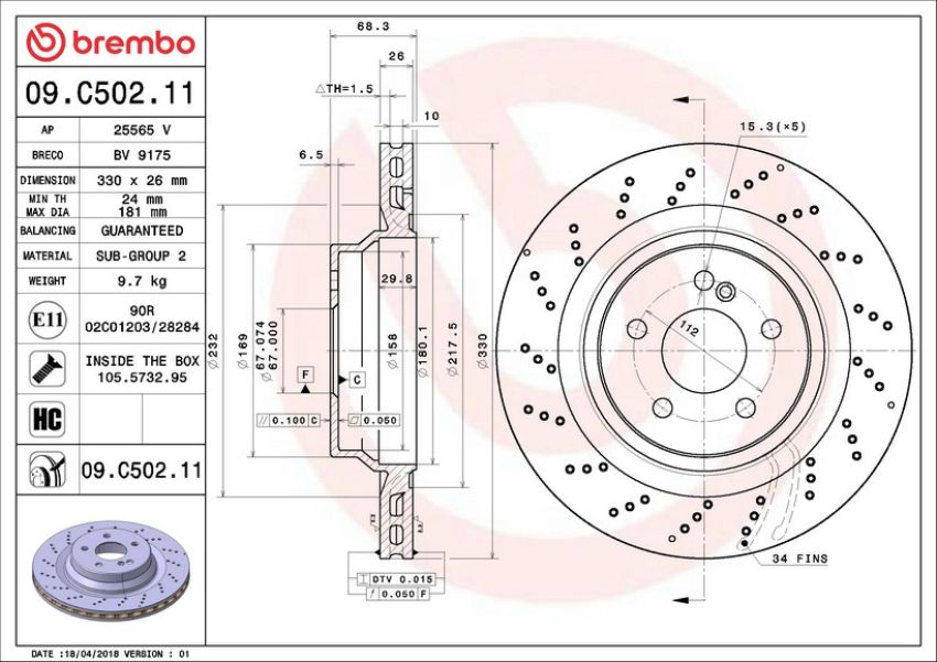 Brembo 09.C502.11 Premium Coated Vented Brake Rotor