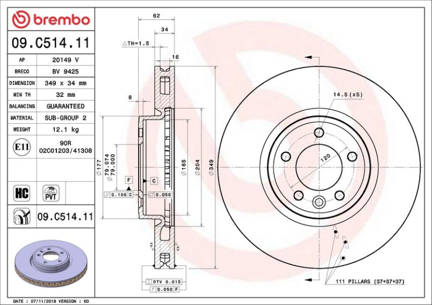 Brembo 09.C514.11 Premium Coated Vented Brake Rotor