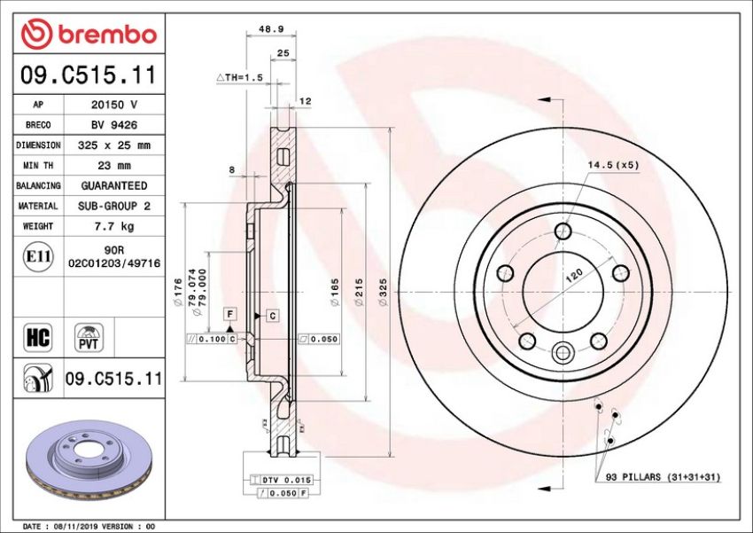 Brembo 09.C515.11 Premium Coated Vented Brake Rotor