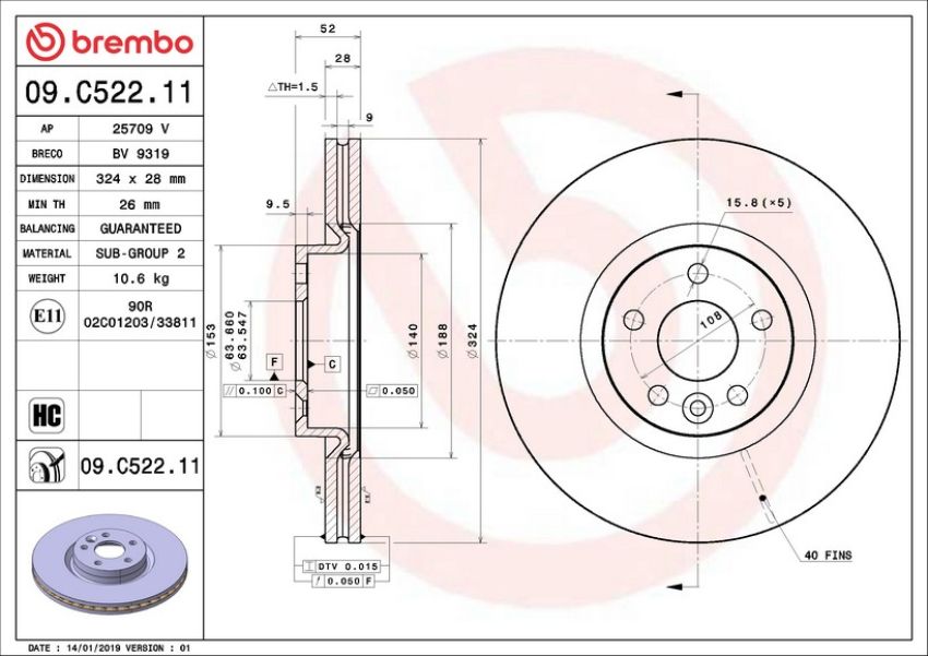 Brembo 09.C522.11 Premium Coated Vented Brake Rotor