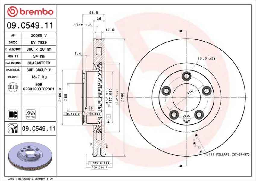 Brembo 09.C549.11 Premium Coated Vented Brake Rotor