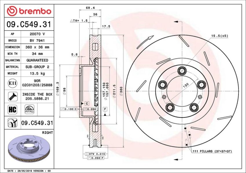 Brembo 09.C549.31 Premium Coated Vented Brake Rotor