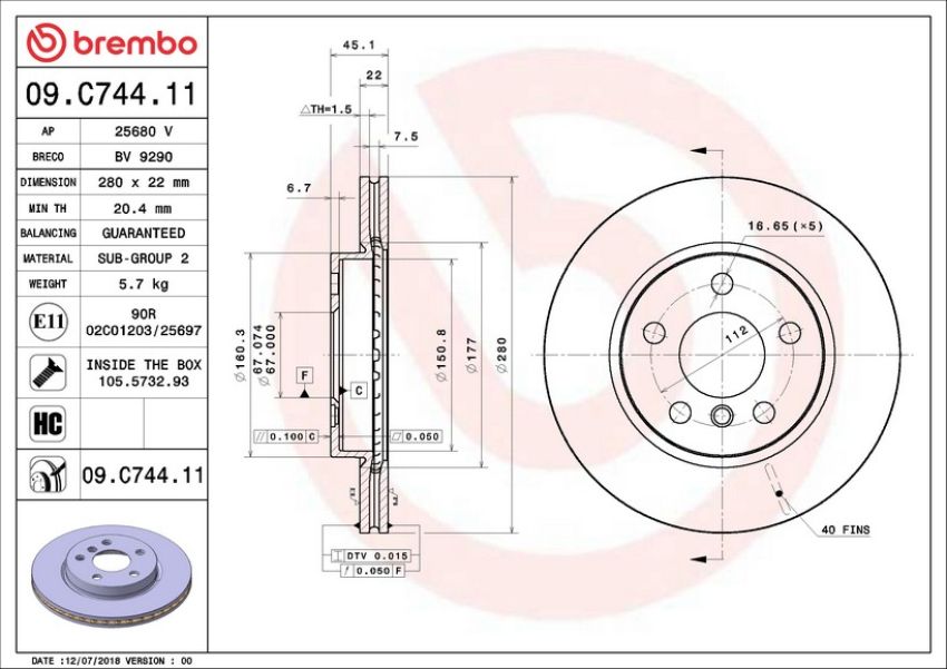 Brembo 09.C744.11 Premium Coated Vented Brake Rotor