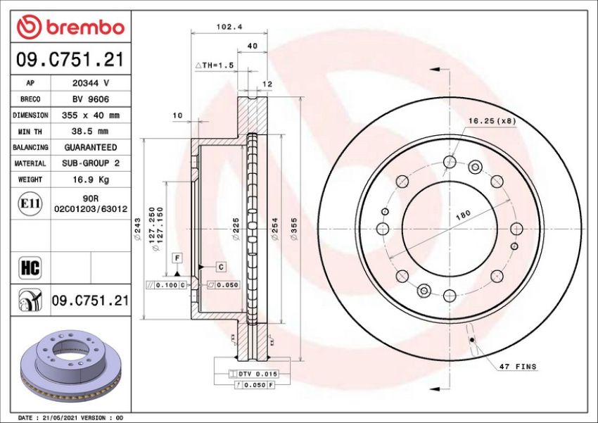 Brembo 09.C751.21 Premium Coated Vented Brake Rotor
