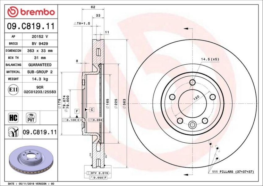 Brembo 09.C819.11 Premium Coated Vented Brake Rotor