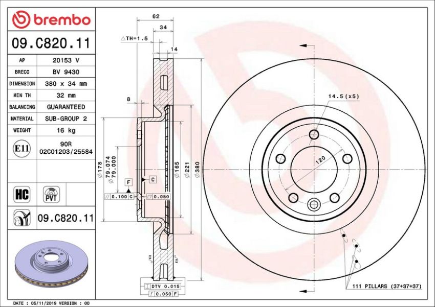 Brembo 09.C820.11 Premium Coated Vented Brake Rotor