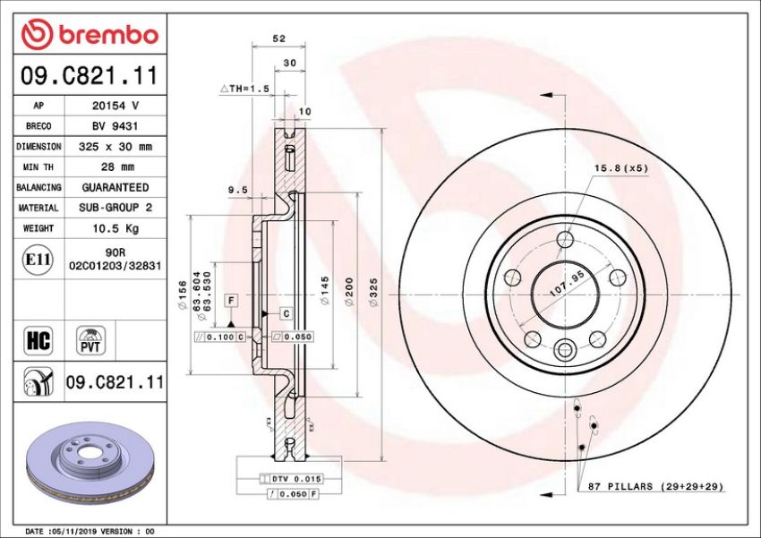 Brembo 09.C821.11 Premium Coated Vented Brake Rotor