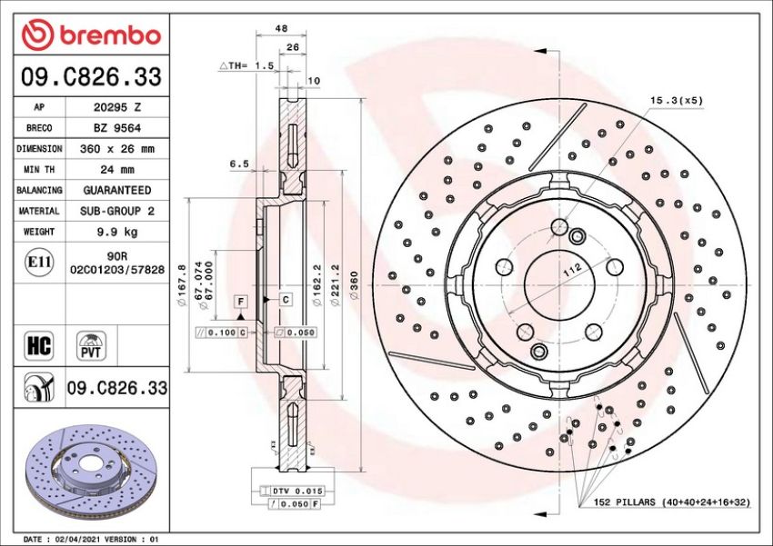 Brembo 09.C826.33 Premium Dual Cast Vented Drilled/Grooved UV Coated Brake Rotor