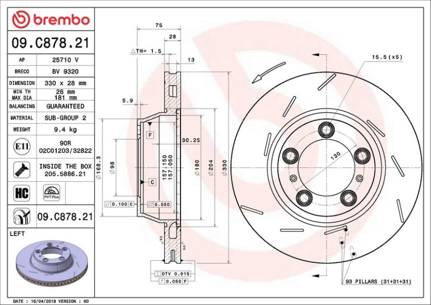 Brembo 09.C878.21 Premium Coated Vented Brake Rotor