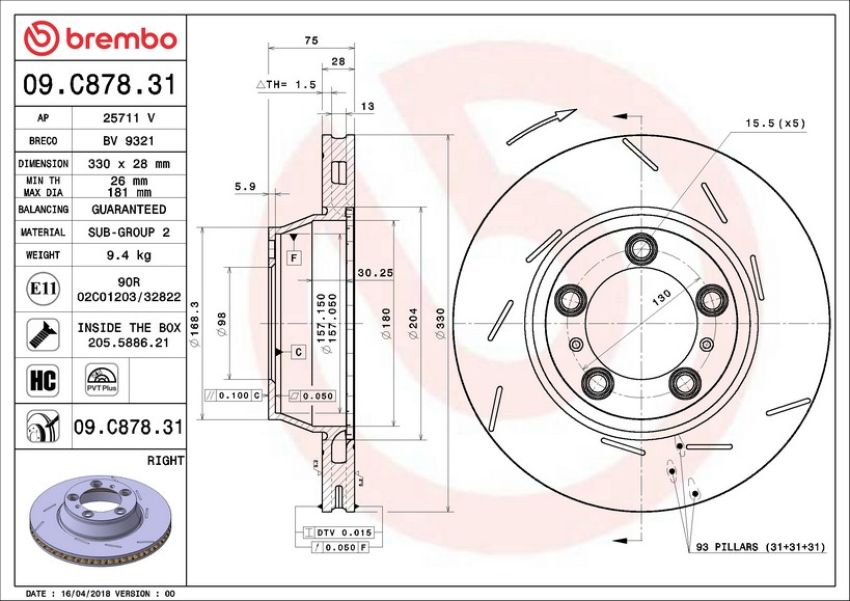 Brembo 09.C878.31 Premium Coated Vented Brake Rotor
