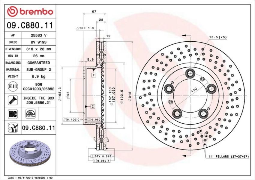 Brembo KT00732 Brembo ceramic brake pad and UV coated PVT drilled brake disc kit