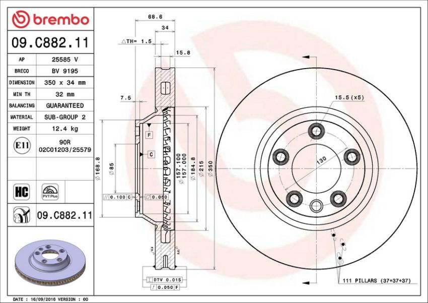Brembo 09.C882.11 Premium Coated Vented Brake Rotor