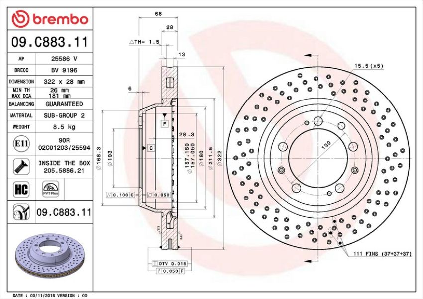 Brembo 09.C883.11 Premium Coated Vented Brake Rotor