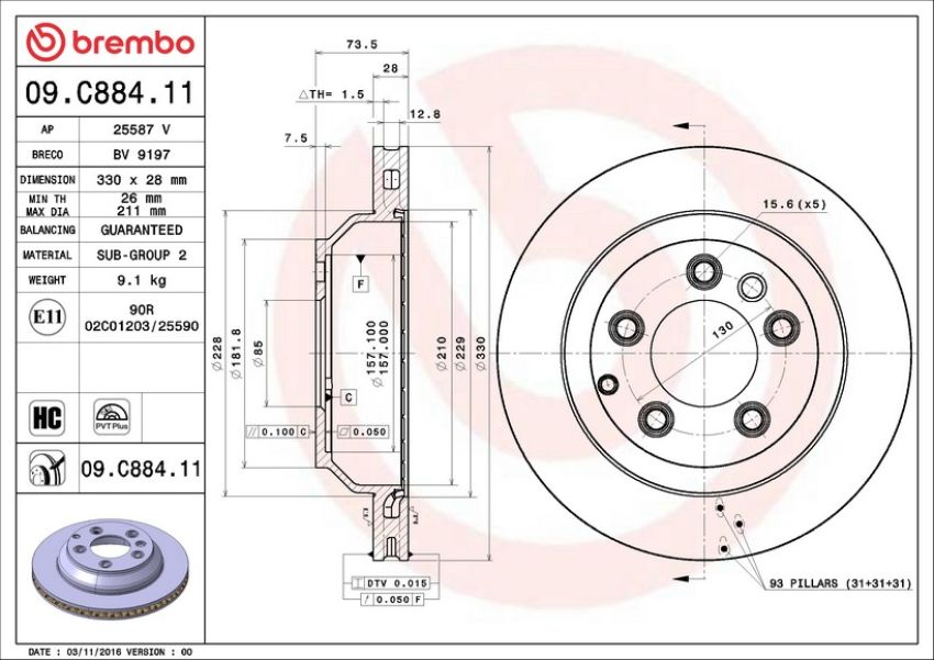 Brembo 09.C884.11 Premium Coated Vented Brake Rotor