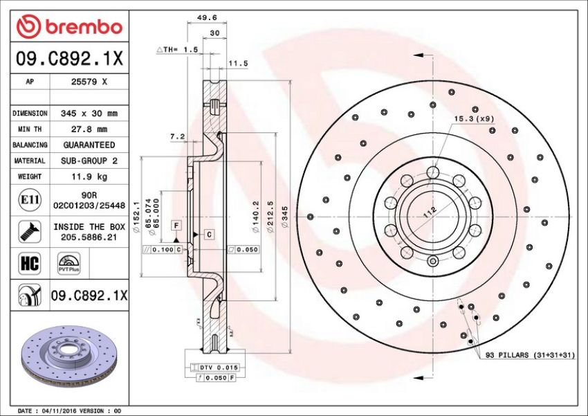 Brembo KTX4081 Brembo low-met brake pad and Xtra PVT drilled brake disc kit