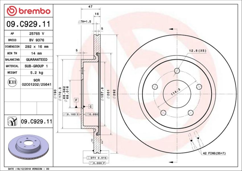 Brembo 09.C929.11 Premium Coated Vented Brake Rotor