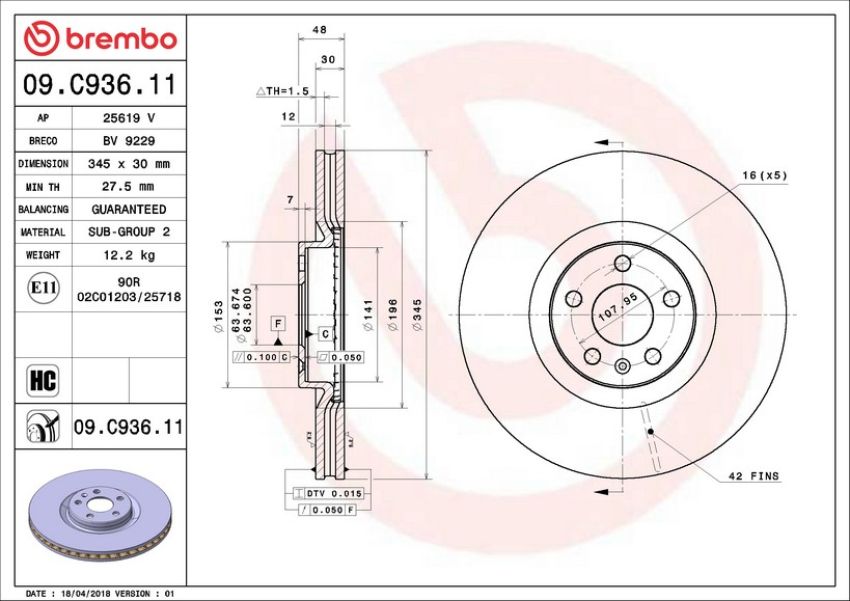 Brembo 09.C936.11 Premium Coated Vented Brake Rotor
