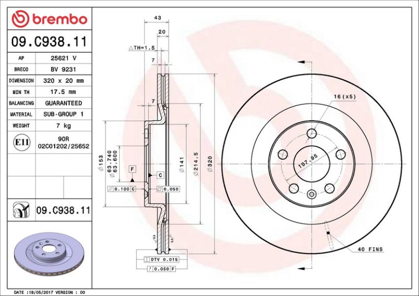 Brembo 09.C938.11 Premium Coated Vented Brake Rotor